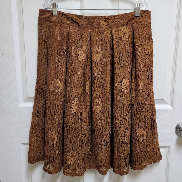 Girstunm Skirt Womens XXL Brown Floral Lace Pleated A Line Knee Boho Cottagecore - Picture 1 of 13